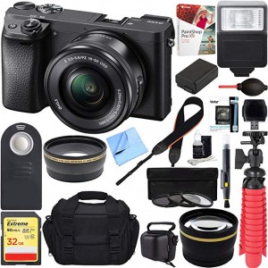 Mirrorless Camera w/16-50mm Power Zoom Lens + 32GB Accessory Bundle + DSLR Photo Bag + Extra Battery + Wide Angle Lens+2x Telephoto Lens + Flash + Remote + Trip