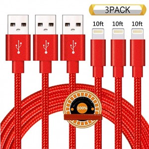 Phone Cable 3Pack 10FT Nylon Braided 8 Pin Charging & Syncing Cord Compatible with iPhone X iPhone 8 8 Plus 7 7 Plus 6s 6s Plus 6 6 Plus iPad iPod Nano - Red
